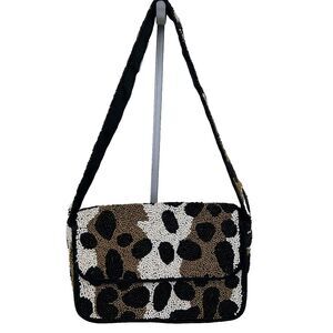 NWOT Rachel Zoe Made in India Beaded Shoulder Bag Abstract Leopard Brown Black
